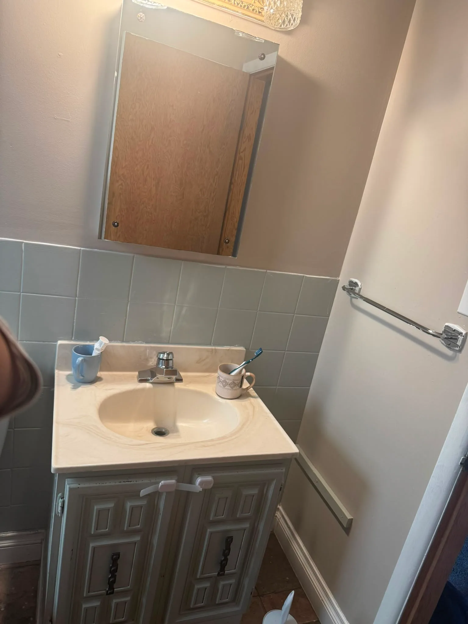 Bathroom vanity and sink cleaning before and after, before